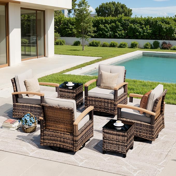 MEISSALIVVE 6 Pieces Patio Furniture Sets, Wicker Patio Conversation Sets with 4 Wood Armrests Swivel Glide Chairs，Outdoor Conversation Set for Deck Yard and Poolside (Beige)