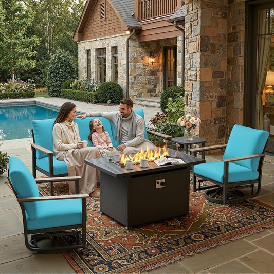 Aluminum Outdoor Patio Furniture Set, 5-Piece Outdoor Sofa with 5.1" Thick Cushions, Swivel Rocking Chairs, 55,000 BTU Propane Fire Pit Table, Outdoor Couch for Backyard, Balcony, Blue
