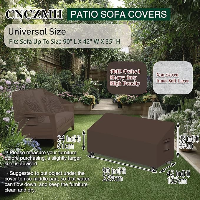 Heavy Duty Patio Sofa Covers Waterproof, Outdoor 3-Seater Couch Cover Waterproof, 600D Outdoor 2-Seater Loveseat Furniture Covers with Air Vent Handle 90''W x 42''D x 24''H/ 35''H Brown
