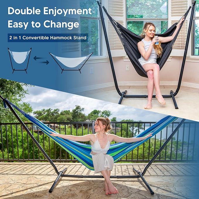 SUNCREAT 2-in-1 Convertible Swing Chair with Stand Included, Outdoor Hammocks for Outside, Patented, Green Strip