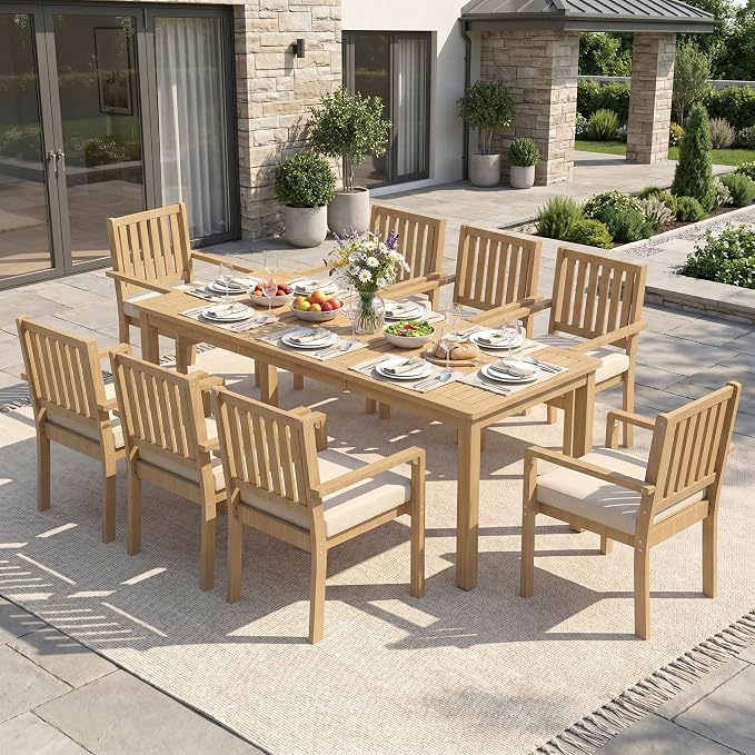 Wisteria Lane 9 Pieces Acacia Outdoor Patio Table and Chairs Set for 8, Patio Outdoor Dining Table Set with Cushion, Modern Outdoor Patio Set for Deck Lawn Backyard Garden, Beige