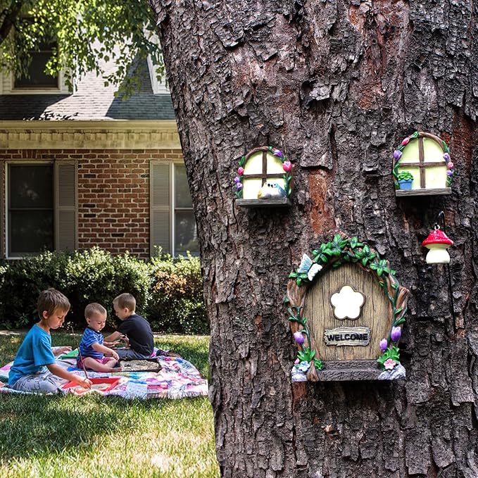 Fairy Door and Windows Garden Kit Accessories Outdoor, Glow in Dark Gnome House for Tree, Lawn Yard Art Sculpture, Miniature Garden Decor (Butterfly)
