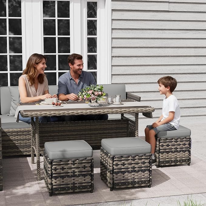 KIGOTY 7 Piece Patio Furniture Set, Outdoor PE Wicker Rattan Outdoor Dining Set, Patio Table and Chairs Set, Patio Conversation Sofa Set with Dining Table and Ottoman (Beige Black-Light Grey)