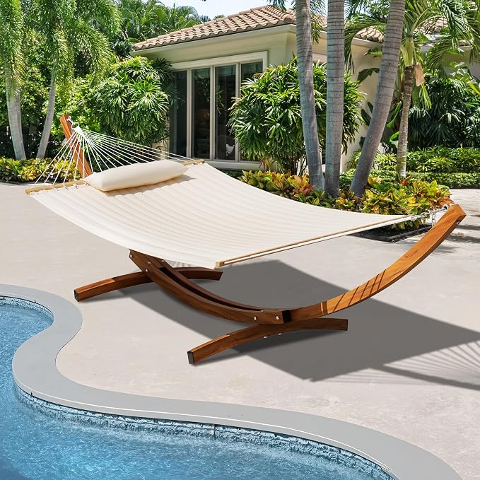 Lazy Daze Hammocks 12 FT Double Quilted Hammock with Wood Grain Curved Steel Stand for Outside, Backyard, Patio, 450 Lbs Capacity, Cream