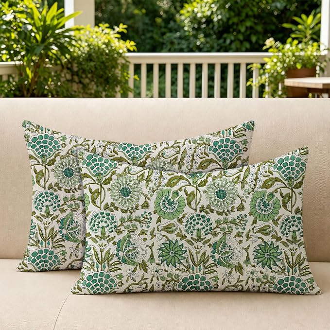Allorry Outdoor Waterproof Pillow Covers 12x20 Green Floral Outdoor Decor | Set of 2 Vintage Floral Block Print Pillow Cover,Farmhouse Boho Decorative for Spring Summer Outdoor Sofa Bedroom Decor