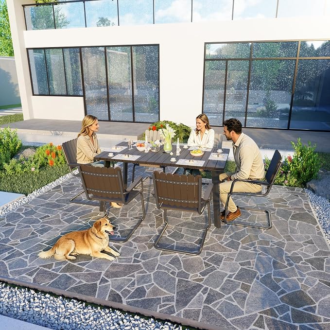 7 Pieces Outdoor Dining Set for 6, Patio Table and Chairs Set with Umbrella Hole, All-Weather HDPE Outdoor Furniture Sets for Backyard Poolside Lawn Garden (Charcoal)