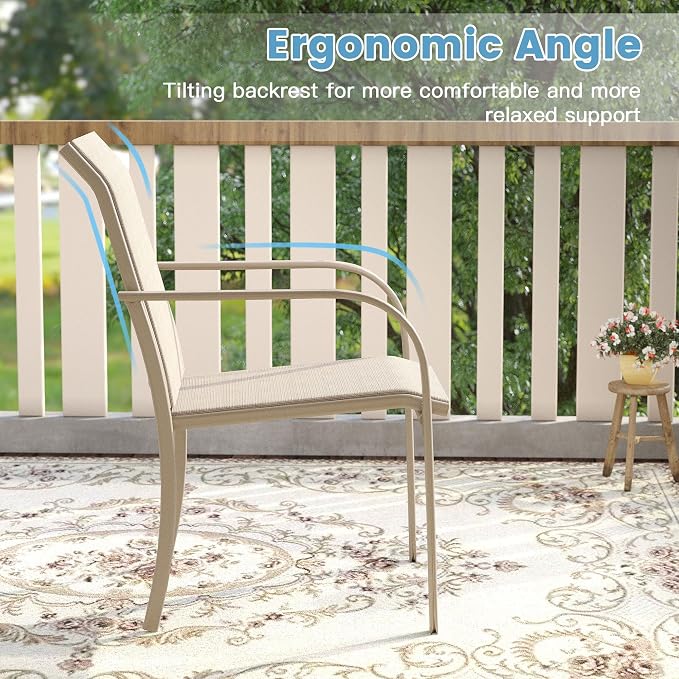 DIFY 3 Pieces Outdoor Patio Dining Set for 2, 2 Sandshell Stackable Dining Chairs and 27.6" Grey Wood-Like Metal Square Dining Table, Outdoor Table and Chairs for Lawn Garden Deck