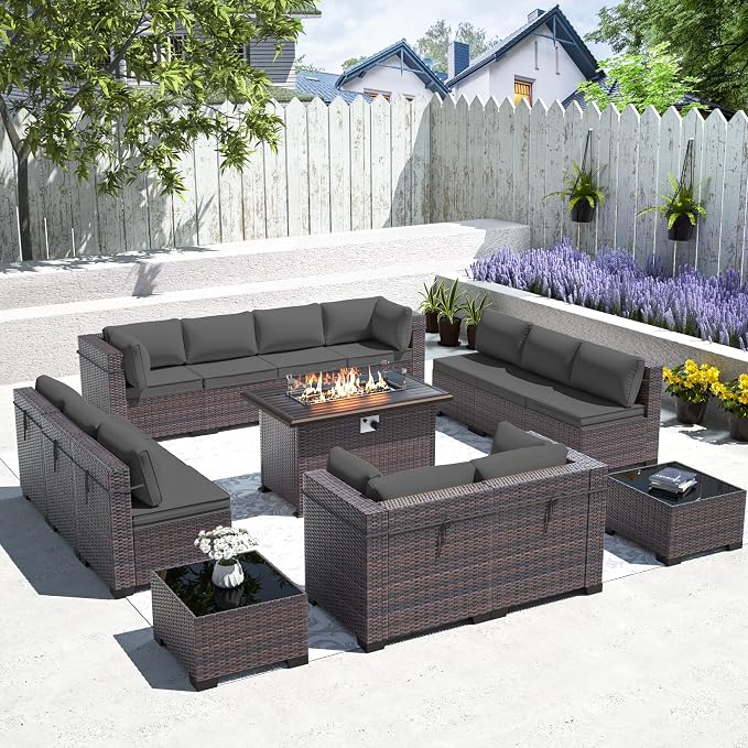 Outdoor Patio Furniture Set with Fire Pit Table, 15 Pieces Outdoor Furniture Set Patio Sectional Sofa w/43in Propane Fire Pit, PE Wicker Rattan Patio Conversation Sets - Gery.