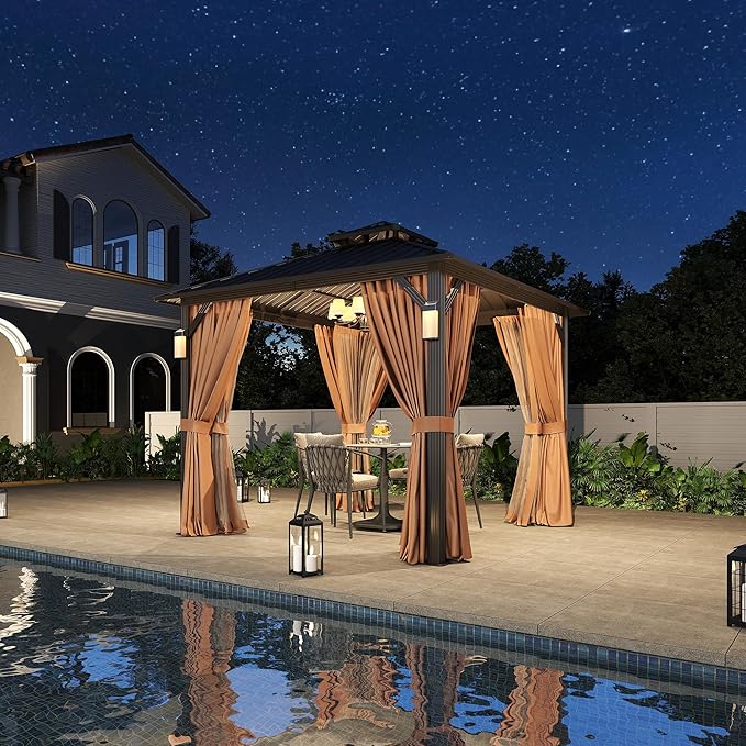 Aoxun 10'x10' Hardtop Gazebo with 4 LED Lights, Outdoor Gazebo with Galvanized Steel Double Roof, Patio Gazebo with Breathable Netting & Privacy Curtain, Decor Hooks for Backyard, Brown