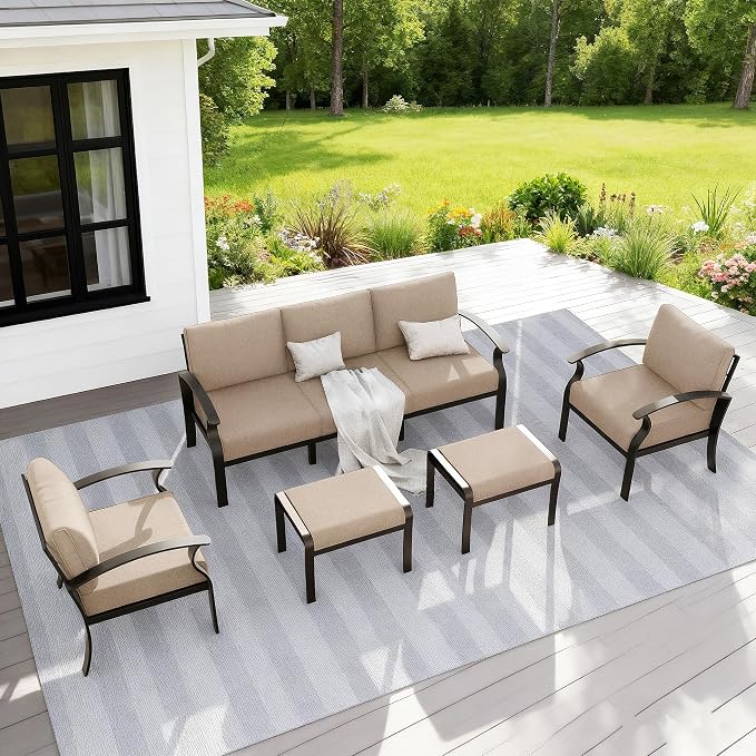 Gotland Aluminum Patio Furniture Set, Metal Outdoor Furniture with 2 Ottomans 5.1’’ High-Resilience Seat Cushions, 5 Piece Patio Set, Oversized Outdoor Sectional Patio Conversation Sets, Khaki