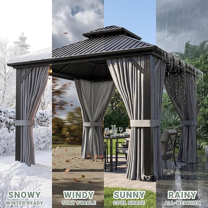 AirWire 8'x8' Gazebo Hardtop Gazebo, Aluminum Pergola with Double Galvanized Steel Roof, Permanent Outdoor Metal Canopy with Curtain and Netting for Patio, Backyard, Deck,Grey