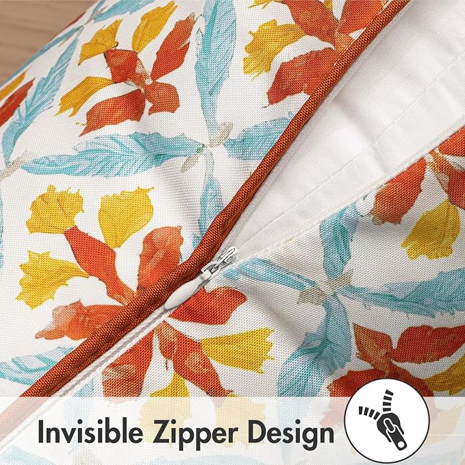 MIULEE Outdoor Floral Pillow Covers Waterproof 18x18 Orange Teal Red | Decorative Block Print,Boho Farmhouse, Set of 2 Coastal Summer Cushion Covers with Piping,Garden Patio Furniture Porch Couch