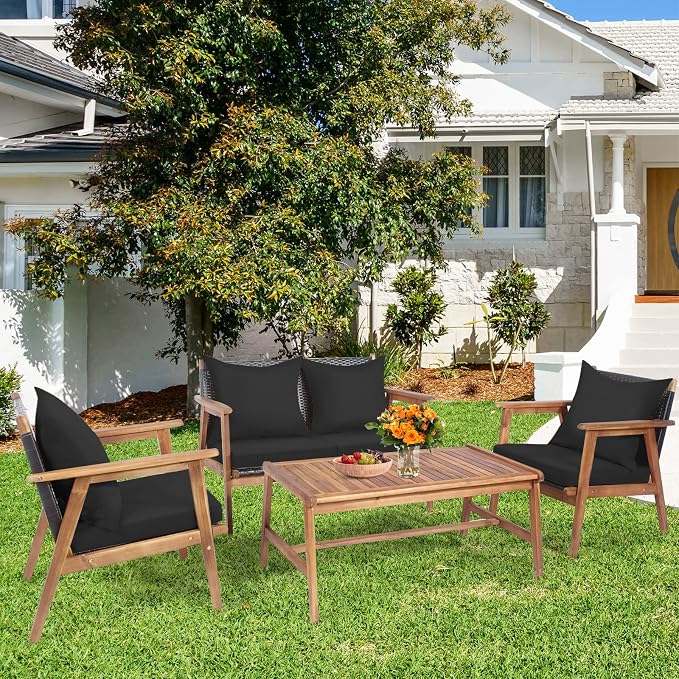 COSTWAY 4 Pieces Acacia Wood Patio Conversation Set, Outdoor Wicker Sofa with Coffee Table & Cushions, Patio Rattan Furniture Set for Yard, Porch, Poolside, Balcony, Backyard, Black & Turquoise