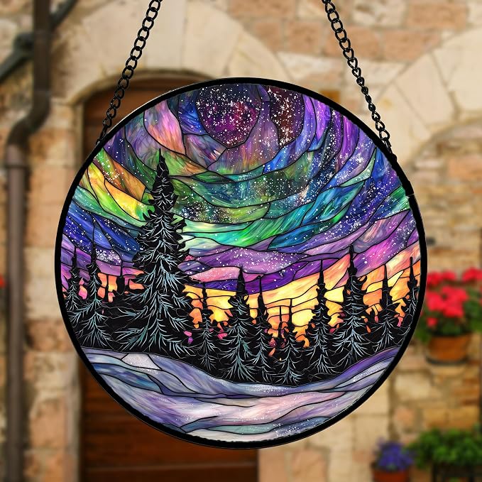 DASTOLL Stained Glass Window Hanging, Van Gogh Night Scene Sun Catchers Colorful Glass Panel Starry Sky Suncatcher Decor for Birthday for Women, Men, Wife, Aunt, and Mom 7.8 in