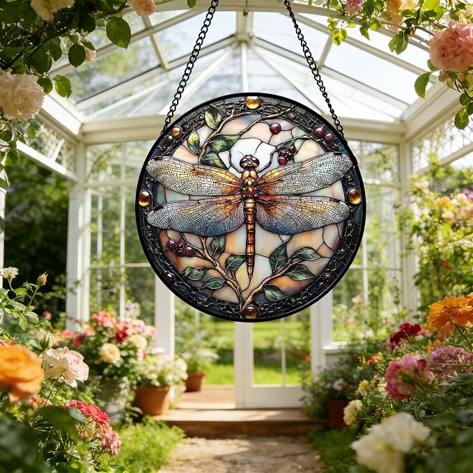 DASTOLL Stained Glass Window Hanging - Dragonfly Plant Suncatcher Ready to Hang Window Doors Home Decoration, Christmas, Mother's Day Birthday Gifts for Women, Men, and Mom 14.9x14.9 in