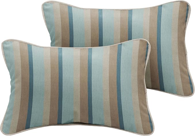 Mozaic Company Sunbrella Indoor/ Outdoor 18" x 12" Corded Lumbar Pillows, Gateway Mist Stripe and Cast Silver, Set of 2