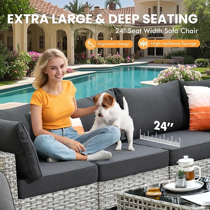 Outdoor Sectional Patio Furniture Set with Swivel Rocking Chairs,9 Pieces Wicker Conversation Sets L Shaped Couch Out Door Sofa Set Outside Furniture for Garden Deck Yard Porch,Black