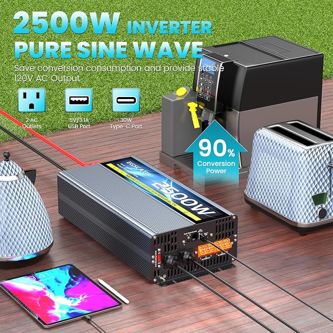 2500W Pure Sine Wave RV Inverter with Built-in ATS, 12V DC to 110V/120V AC Power Converter, 5000W Peak, Automatic Shore Power Bypass, Hardwire Ready for RV Electrical Systems, LCD Remote, USB & Type-C
