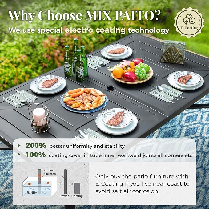 MIXPATIO 7 Pieces Patio Table and Chairs Set, Patio Dining Set for 6, 6 Textilene Chairs and 1 Metal Rectangle Dining Table with Umbrella Hole, for Deck Backyard Lawn Poolside, Brown