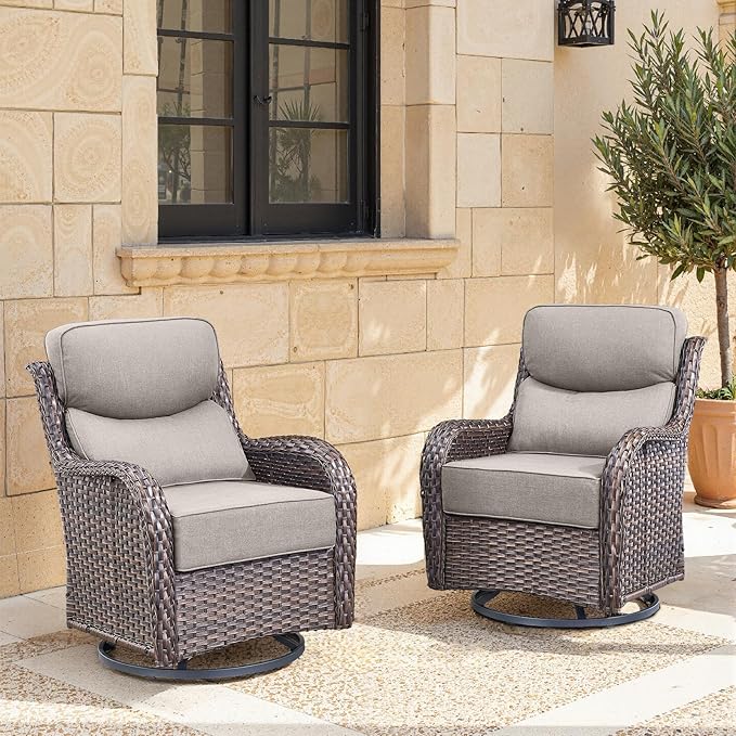 Swivel Patio Chairs sofa Set of 2 with 6" Thick Cushion - Wicker Outdoor Swivel Rocker Patio Chair ,Sofa/Glass coffee table, High Back Comfortable Outdoor Glider Chairs - Brown Wicker | Grey Cushions