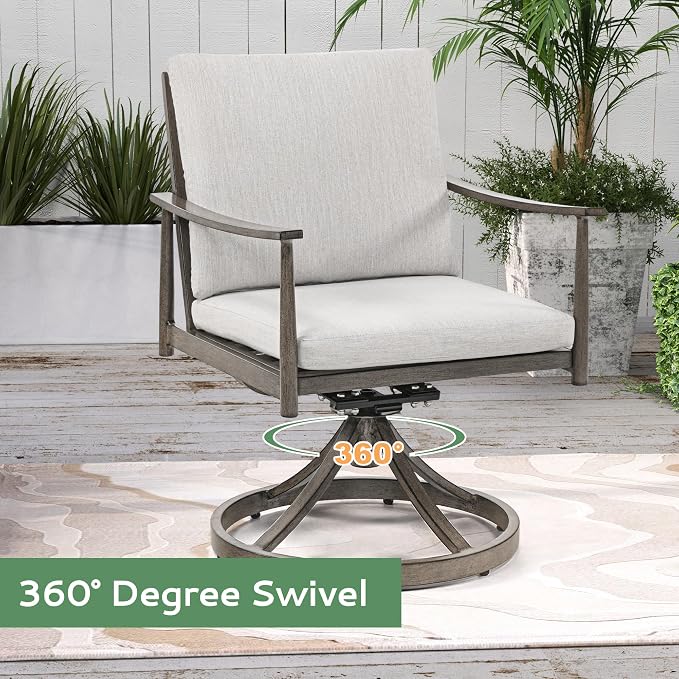 5-Piece Outdoor Dining Set - Aluminum Patio Dining Set with Rope Backrest,2 Swivel Rocking Chairs,2 Fixed Chairs and Square Table with Umbrella Hole,Removable Cushion for Lawn Porch Yard,Grey
