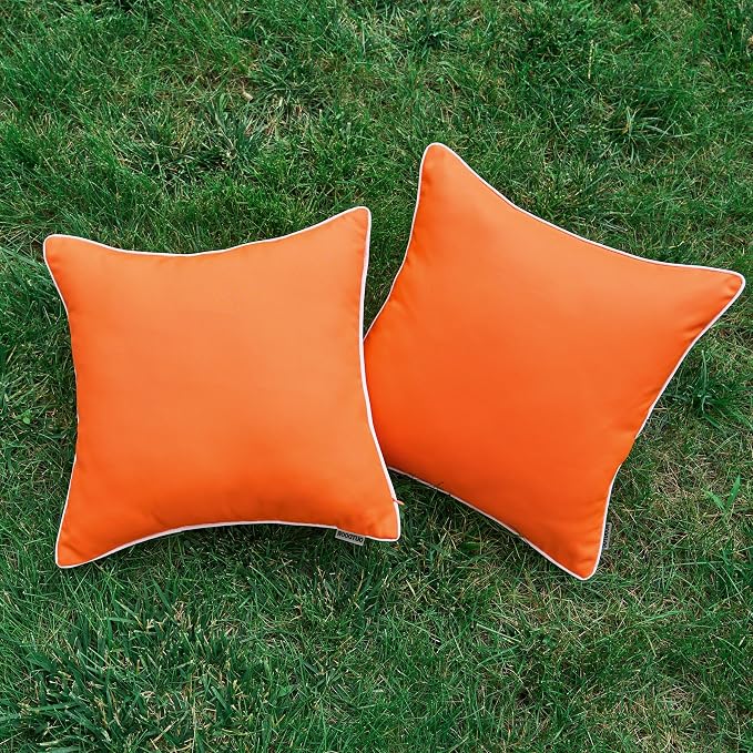 LIGICKY Pack of 2 Orange Outdoor Waterproof Throw Pillow Covers Decorative White Edge Square Pillows Cushion Case Outside Pillowcase for Patio Couch Tent Sunbrella Fall(18x18 inch)