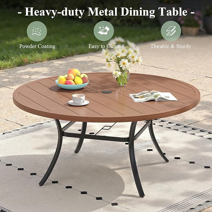 Outdoor Dining Set for 6, 50" Metal Round Outdoor Dining Table with Umbrella Hole and Sling Patio Swivel Chairs, 7 Pieces Patio Table and Chairs Set for Garden Backyard, Charcoal and Walnut