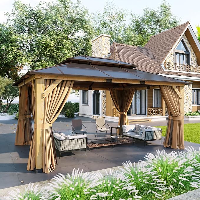 Aoxun 12' x 16' Outdoor Wood Gazebo with Double Polycarbonate Top, Hardtop Gazebo Permanent Wooden Pavilion with Breathable Netting and Privacy Curtain for Patio, Garden, Deck, Cedar Wood, Natural