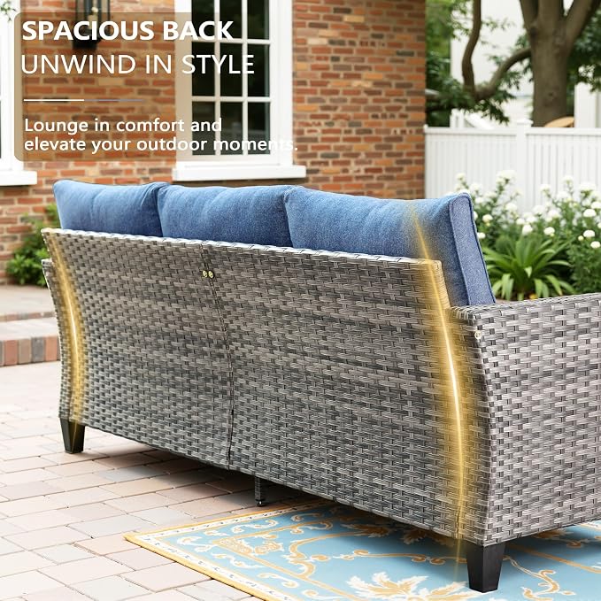 CAODOC 7 Pieces Outdoor Furniture,Patio Furniture with 42" Fire Pit Table,Wicker Conversation Set for Balcony,Deck,Pool and Backyard(Blue)