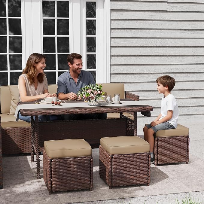 KIGOTY 7 Piece Patio Furniture Set, Outdoor PE Wicker Rattan Outdoor Dining Set, Patio Table and Chairs Set, Patio Conversation Sofa Set with Dining Table and Ottoman(Brown-Camel)