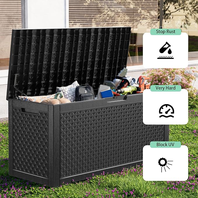 ROJIK 110 Gallon Waterproof Outdoor Deck Storage Box, Lockable Resin Patio Storage Bin with Lid for Garden Tools, Patio Cushions & Outdoor Accessories(Black)