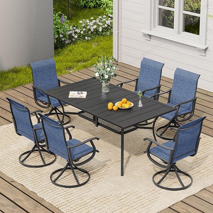 VICLLAX 7 Pieces Patio Dining Set, Patio Furniture Set of 6 Patio Swivel Dining Chairs and Rectangular Patio Table with Storage Shelf, Navy Blue Chairs & Black Tabletop