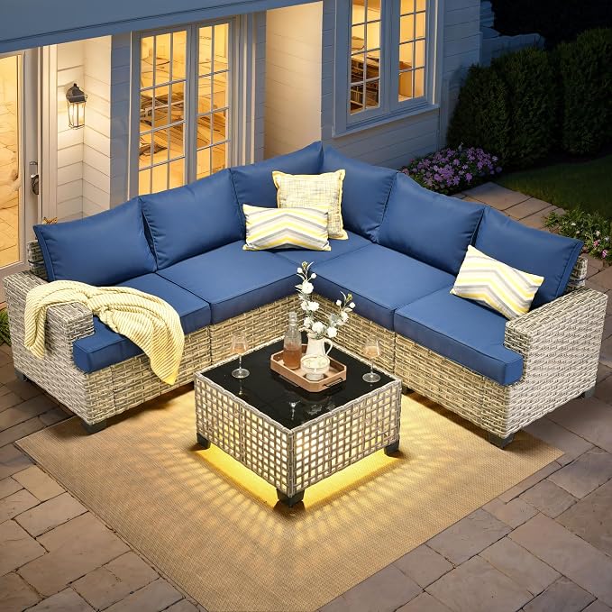 6 Pcs Outdoor Sectional Patio Furniture Set - All Weather Wicker Modular L Shaped Outside Sectional Sofa Couch,Patio Seating Outdoor Conversation Sets for Deck Yard Garden,Navy Blue