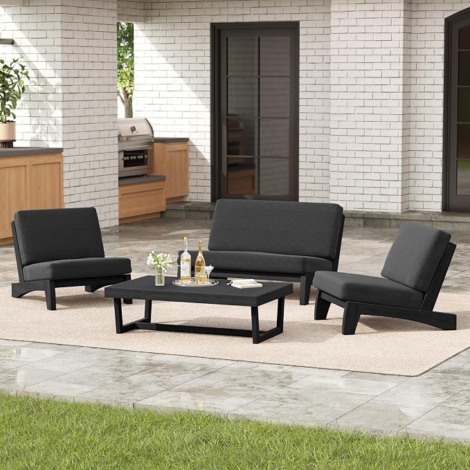 4 Pieces Patio Furniture Sets, All-Weather Outdoor Wood Bistro Set Patio Conversation Coffee Table Chiars and Patio Loveseat for Balcony, Backyard