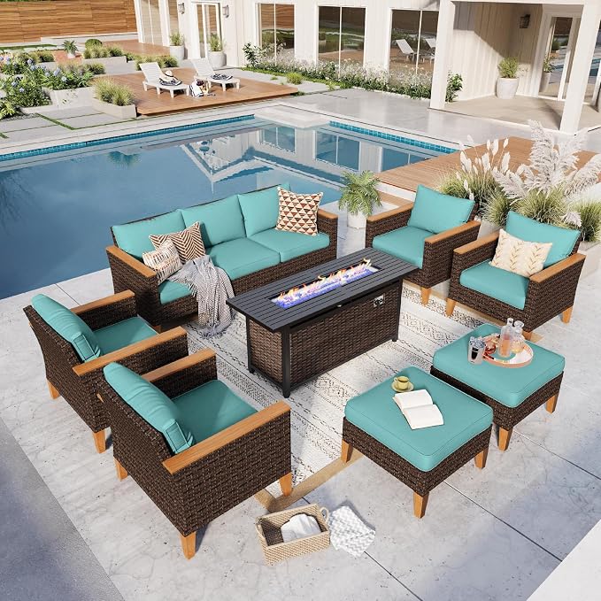 GREEN PARTY 9 Pieces Wicker Patio Furniture Set with 56" Fire Pit Table, All-Weather Outdoor Rattan Patio Sectional Sofa Conversation Set with 4" Thick Cushions for Backyard, 2 x Ottomans (Blue)