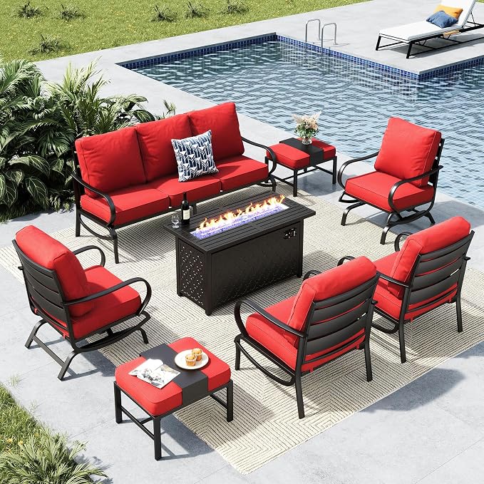 MFSTUDIO 8 Pieces Patio Furniture Sets with 45" Gas Fire Pit Table(Up to 9 Seat), Outdoor Metal Conversation Sofa with 1 x 3-Seat Sofa, 2 Single Chair, 2 Rocking Chair and 2 Ottoman, Burgundy Cushion