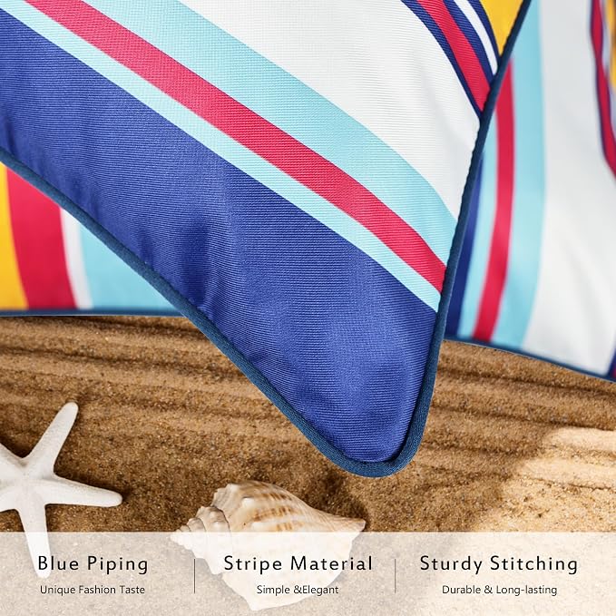 Waterproof Outdoor Pillow Covers 18x18 Inch Set of 2, Colorful Stripe Decorative Throw Pillow Cover with Piping, Modern Farmhouse Cushion Cases for Summer Patio Garden Porch Balcony Beach