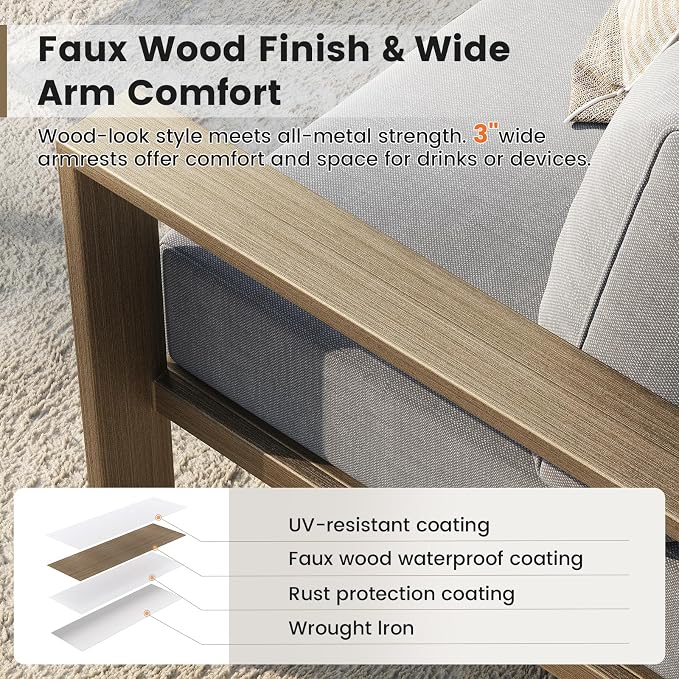UDPATIO 6 Piece Patio Furniture Set, Metal Outdoor Sectional Sofa with 6" Thick Olefin Cushions, Wide Armrest & Coffee Table, L Shaped Outdoor Furniture for Garden, Backyard, Faux Wood Grain & Grey