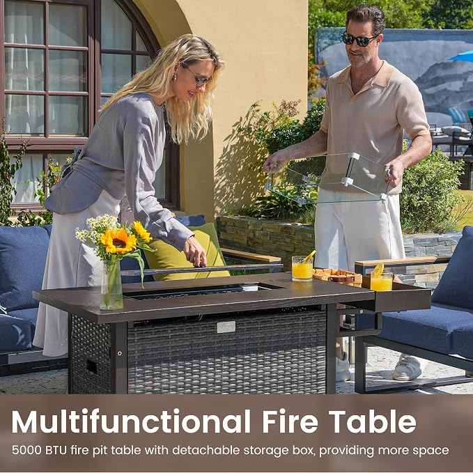 Sundale Outdoor Wicker Patio Furniture Set with Fire Pit, 5 Piece All Weather Outdoor Furniture Set with Swivel Chairs & Couch, High Back Patio Conversation Sets with 6" Cushions for Yard, Deck (Blue)