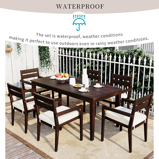 7 Piece Patio Dining Set, 70.9" Rectangular Acacia Wood Outdoor Dining Table & 6 Dining Arm Chairs with Cushion, Suitable for Outdoors and Indoors (Dark Brown@015)