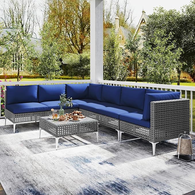 Tangkula 7 Piece Outdoor Furniture Set, Patiojoy Patio Wicker Sectional Cushioned Sofa Set with Coffee Table, for Backyard, Poolside, Porch and Lawn (Navy Blue)