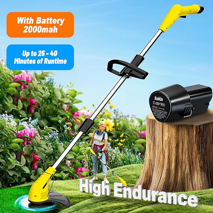 Aokia Electric Weed Wacker Cordless, 12V Battery Powered Weed Eater Cordless with Adjustable Pole (65inch), Lightweight Grass Trimmer Cutter/Edger/Mower with 2 Types Blade for Yard Lawn and Garden