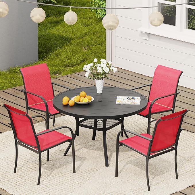 VICLLAX Round Outdoor Dining Set, Patio Table and Chairs Set Set of 4 Patio Stackable Chairs and 40.6" Outdoor Round Table with Umbrella Hole for Backyard Lawn Garden, Red Chairs and Black Table