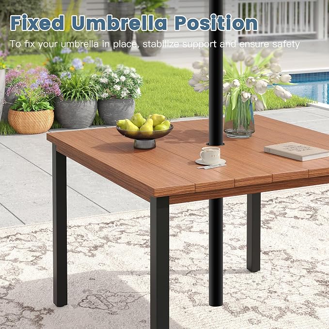 DIFY 5 Pieces Outdoor Dining Set for 4, 40.2" Walnut Square Metal Table with 2 Stackable Wicker Patio Chairs & 2 Swivel Chairs, Patio Furniture Set with Cushions and Umbrella Hole, Wheat Rattan