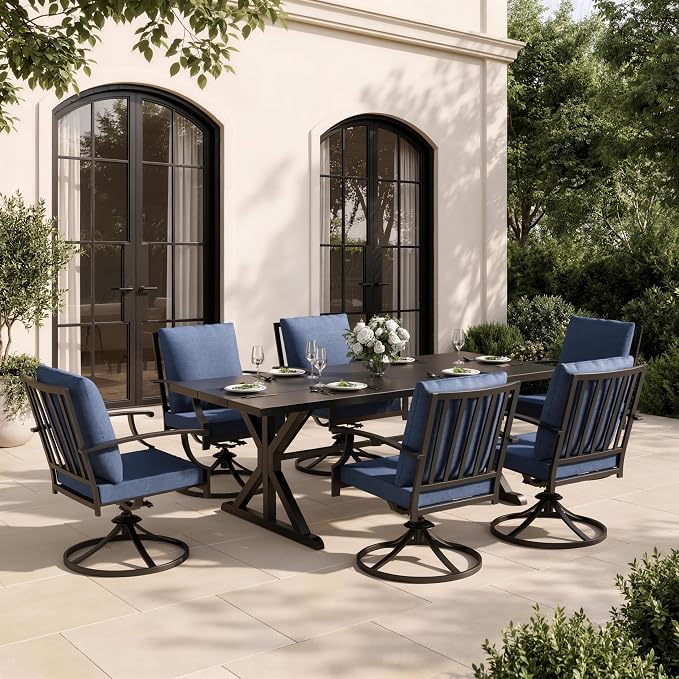 7 Piece Outdoor Dining Set for 6, Metal Patio Table and Chairs with Cushions, Patio Furniture Set with 6 Swivel Chairs, Rectangular Metal Dining Table with Umbrella Hole, Lawn Deck Yard-Navy