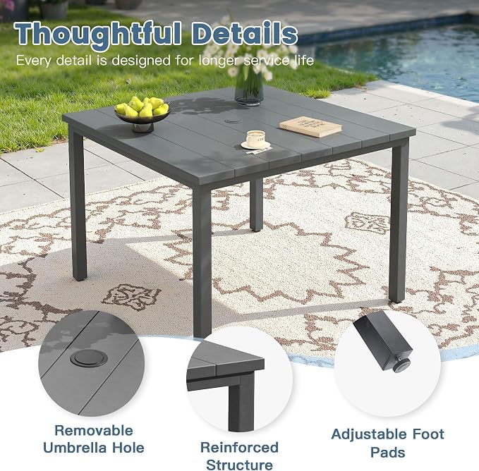 DIFY 5 Pieces Outdoor Patio Dining Set for 4, 40.2" Square Metal Dining Table and 4 Metal Stackable Dining Chairs, Outdoor Table and Chairs for Lawn Garden Poolside, Grey