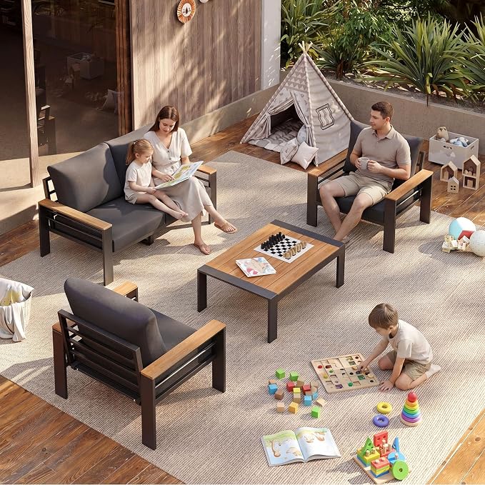 Aoxun Patio Furniture Set, 4 Piece Aluminum Patio Sets with 5" Thicken & Washable Cushion, Waterproof Outdoor Furniture with Coffee Table, Outdoor Couch Sectional for Backyard, Porch and Garden