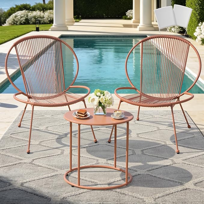 3-Piece Outdoor Patio Bistro Set, Wicker Chairs with Cushions, PE Rattan All-Weather Conversation Set with Coffee Table for Balcony, Porch, Backyard, Poolside, Garden, Deck, Terracotta