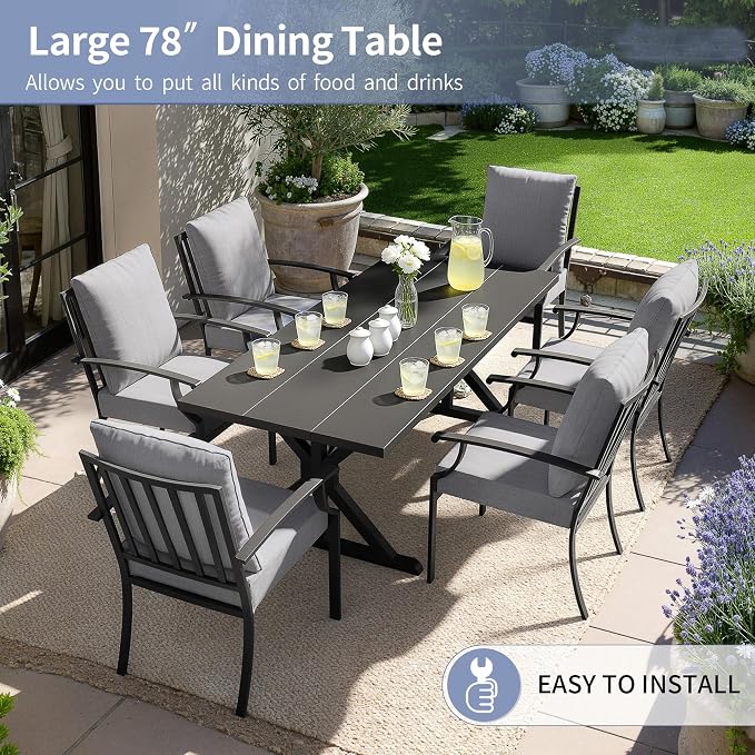 Kullavik 7 Pcs Outdoor Dining Set,Patio Dining Table and Chairs Set for 6,Fence Pattern Back Chairs with Thickened Cushions & X-Frame Metal Dining Table with Umbrella Hole for Patio,Grey