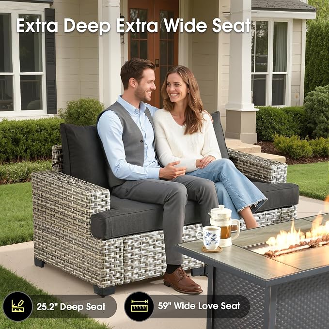 Rattan Patio Furniture Set with Fire Pit,10 Pieces Outdoor Sectional with Single Chair Ottoman,Out Door Furniture Conversation Set,Black